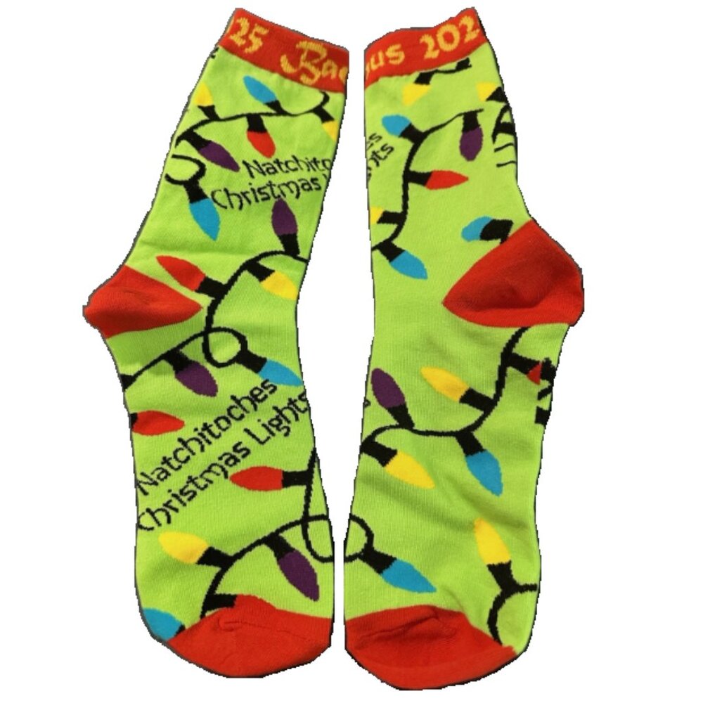 Mardi Gras Throw - 2025 Krewe of Bacchus Sock - Natchitoches Christmas Lights